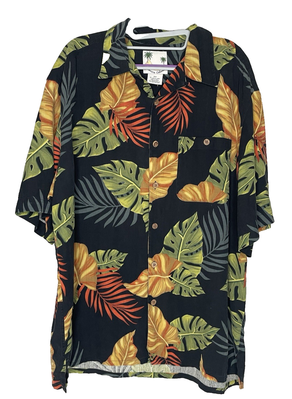 Banana Cabana Hawaiian Shirt Mens XL 100% Silk Tropical Camp Aloha Black Leaf